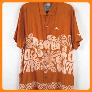 Tommy Bahama Collegiate Series Orange Floral Short Sleeve Shirt Men XL Trim Fit‎